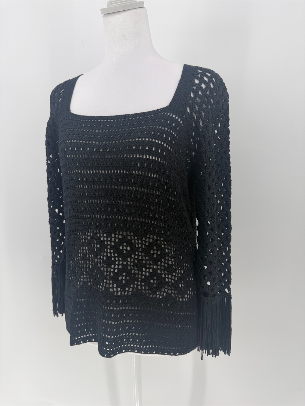 Cynthia Steffe Black Crochet Silk Fringe Sleeve Sweater Top Medium